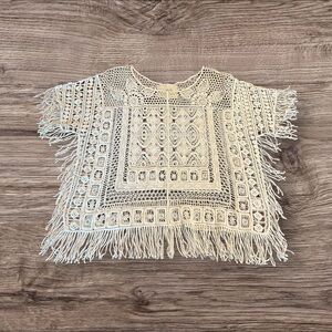 Angel of the North Boho Crochet Top XS/Small Fringe Short Sleeve Scoop Neck